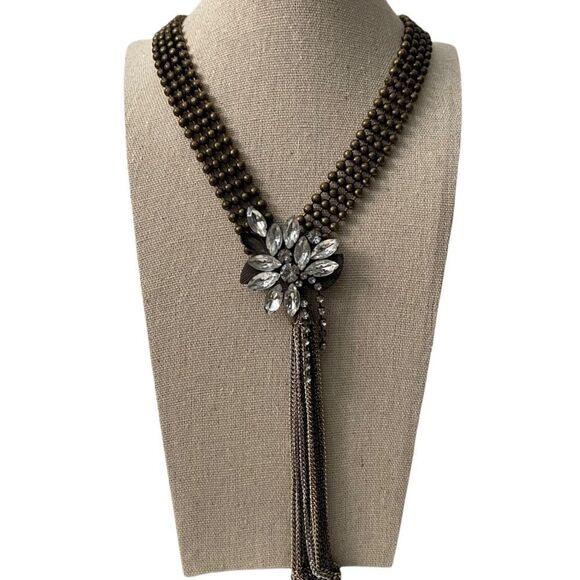 Elegant Stunning Necklace with Tassel and Rhinestone Floral in Vintage Tone - Picture 1 of 9